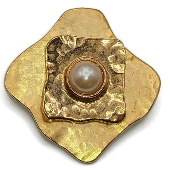 Gold Tone Square Metal Brooch with Faux Pearl Cabochon - Picture 1 of 5